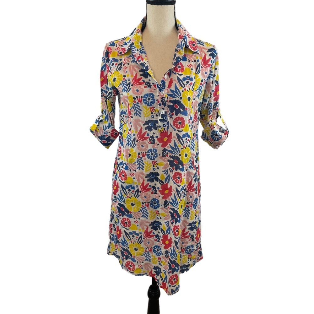 ROBERTA ROLLER RABBIT FLORAL ROLL TAB SLEEVE COTTON SHIRT DRESS XS